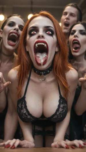 highly detailed, best quality, perfect sharpness, professional photo, bokeh, funny blurred background, eye contact, bottom view, heads close, perfect faces, 2/3 body view, (party, helloween_fun:1), (distorted_face, extremely made up, pale skin, red lipstick, long nails:1.33), (wide_open_eyes, screaming, surprised, sluts, in_lust, having_fun, dynamic_pose:1.3), (big breast, tongue out, cum dripping out of mouth:1.2), (huge vampire fangs visible:1.45), (sex_obsessed, gorgeous_female_vampires, different hight, stunning_eyes_glow:1.23), (sexy black_lace_lingerie, flashing, tits in different sizes, seethrough open lace long dress, upskirt, huge bdsm collar:1.3), (wild_action, raging_like_crazy, arousing_posture:1), (bending forward, tilt head, blonde+ginger+black long hair), (tiny+voluptuous+firm breast exposed:1.3), perfect legs, rule of thirds, partylight, old castle room, candles, torches, posing sexy