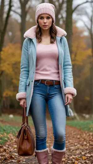 Lara Croft is wearing light blue jeans, a light pink sweater, and a sheepskin coat, she has a warm hat, a lovely handbag, and autumn boots—she is a very beautiful and elegant heroine.