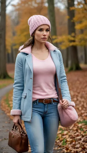 Lara Croft is wearing light blue jeans, a light pink sweater, and a sheepskin coat, she has a warm hat, a lovely handbag, and autumn boots—she is a very beautiful and elegant heroine.