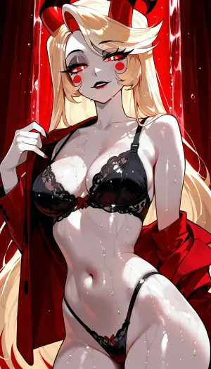 Charlie Morningstar from Hazbin Hotel, light blonde hair, pale skin, glowing red eyes, demon form, red straight horns, slender body, medium breasts, black bra, unbottoned Red formal-casual demonic suit, black thong, bedroom eyes, red waterfall background, wet glistening body