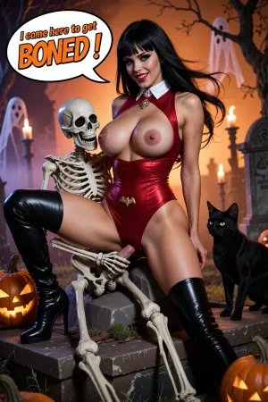 Halloween scene, graveyard multiple skeleton zombies is fucking a gorgeous voluptuous Vampirella Full body shot of a woman wearing a high-cut crimson red one-piece sling bodysuit, deep plunging neckline, stiff white upturned Dracula-style collar, small gold bat medallion at the waist, thigh-high black stiletto boots. Long raven-black hair with blunt bangs, bold red lipstick, gothic makeup. High contrast, cinematic lighting, sharp focus

Being fucked by a skeletons on top of crypt grave, enormous boobs, massive cleavage, hairy pussy, ultra detailed skin, realistic skin. One skeleton grabs her breasts, second skeleton puts his bony finger into her pussy, (finger in pussy), (breast squeeze:1.3), (breast grab:1.2), hair flowing over her shoulder, (formal styled hair), Her pose is sexy and confident, smiling with Halloween makeup. Beside her, a black cat looks at her with intense green eyes. The background is a desolate, ruined graveyard landscape with lit Jack-o-lantern face carved pumpkins, torches, and ethereal ghosts, rendered in an orange and purple color palette with warm skin tones, with cinematic lighting, moody atmospheric fog, sharp focus, 8k UHD, hyper-realistic textures, and intricate details.
Big speech bubble “ I come here to get BONED ! “ comic font