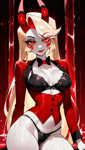 Charlie Morningstar from Hazbin Hotel, light blonde hair, pale skin, glowing red eyes, demon form, red straight horns, slender body, medium breasts, black bra, unbottoned Red formal-casual demonic suit, black thong, bedroom eyes, red waterfall background, wet glistening body, sexy pose