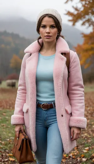 Lara Croft is wearing light blue jeans, a light pink sweater, and a sheepskin coat, she has a warm hat, a lovely handbag, and autumn boots—she is a very beautiful and elegant heroine.