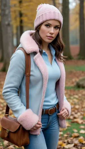 Lara Croft is wearing light blue jeans, a light pink sweater, and a sheepskin coat, she has a warm hat, a lovely handbag, and autumn boots—she is a very beautiful and elegant heroine.