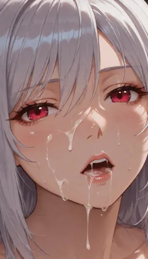 Moka Akashiya from Rosario + Vampire, (vampire mod, silver hair), cum on face