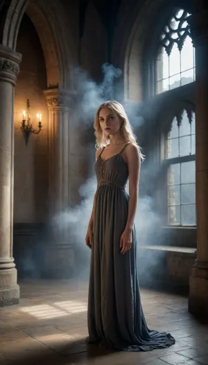 A cinematic medium shot of a young ethereal blonde girl in a simple medieval nightgown, looking anxious inside a dark gothic castle hallway filled with heavy low-lying smoke and fog. In the background, a large ornate gothic arched stone window shows a dark stormy night outside, with a bright streak of lightning splitting the sky. Haunting and eerie atmosphere, volumetric lighting, dark moody color palette, highly detailed.