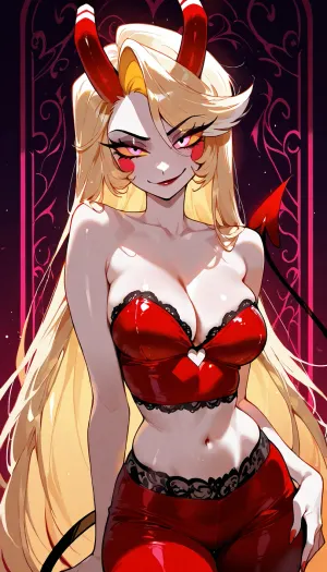 High Quality, perfect eyes, perfect hands, Charlie Morningstar from Hazbin Hotel, light blonde hair, pale skin, glowing pink eyes, glowing pink sclera, demon form, red straight horns, slender body, medium breasts, small thin waist, sexy face, red Strapless Crop-Top, red harem pants, black lace g-string, cleavage, bedroom eyes, sexy smirk, sexy dancing pose, demon tail, Arabian brothel background