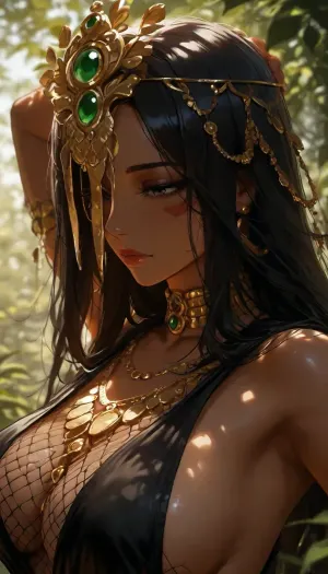 female shaman, tan skin, black long hair, ornate golden forehead jewelry and a delicate gold half-mask framing the eyes and nose, with a central emerald gemstone, expose mouth and lips, golden necklace, neckline, fishnet sling top, fur and leaves cope, dappled light, dappled sunlight, armpits, (side view:.8), <lora:MJ52:.8>, <lora:attractive_notrigger:.8>, <lora:BUT_SDXL_SHS:.8>, <lora:Jeweled eyes-NAI:1.2>, <lora:dark:.1>