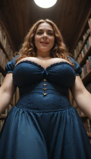 Large 40yo bbw woman, dark blue victorian lady edwardian silked dress, shiny silk texture, in the manor's library, (pov is from below), The dress covering all the way up to the neck, red hair, blue eyes, pale skin, very long curly ginger hair, very large plump body, bumped belly, gigantic breasts, suggestiv open mouth smile
