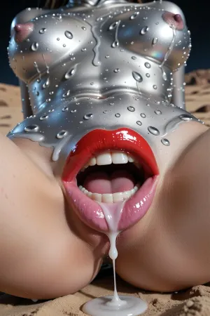 GOLN BULJ, Mutant girls live on a desert planet where mercury is replaced by water., (no teeth), They have silvery skin with a sheen like mercury.They have no teeth, just thick lips covered in sticky lipstick. very large lips with a red outline smoothly turning into pink.the anus, which looks like lips, is depicted in detail. they have lips instead of an anus, and a big, plump pussy with iridescent iridescences. a whitish liquid oozes out of the pussy. The sexy pose shows off the beauty of her genitals., (exact match to the description), The style of the 50s, (thick big red lips, thick green eye shadow:1.3), the skin is completely covered with countless droplets of mercury of different sizes that shimmer in the light, droplets flow down and cling to soft curves, the nipples are slightly raised, with a natural texture and purple areoles reflecting soft directional light from above, creating bright highlights and smooth gradients, high-contrast monochrome, pure shades of gray, no color