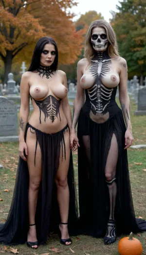 Two girls in scary halloween costumes, (scary Dress, skeleton and zombie), showing their huge tits, (sagging tits With extreme wide dark areolas), couple, cemetery, graves, pumpkin, bats, <lora:XL-coupleMV2:1.1>, <lora:Halloween Series_ Spooky Cemetery_epoch_5:.9>