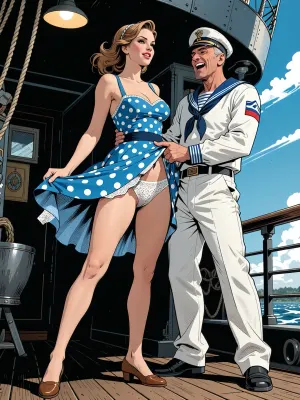 This is is a detailed a classical illustrative style depicts a scene set in 1950s, bright, colorful colors, very beautiful Russian married woman 40 years old noble light-brown elegant hairstyle, slender, wide hips, elicate noble facial features, Anna is dressed in blue polka dot summer sundress And brown shoes, stands in the dark sailors’ quarters on the ship, slightly smiling, Her legs are slightly apart, the wind blows her hem of the sundress, her white lace panties are visible, old man sailor in fully uniform, who is laughing, and hard paws her hip by his fingers his hands, Stylized manga-style illustration, elongated proportions, expressive eyes, graceful movements, dramatic but stylized lighting, gloomy elegance, emotional atmosphere, clear, precise lines, soft shading with subtle gradients, dot drawings, grayscale print texture, flat color fields, limited CMYK palette, contours in thick ink, retro offset printing, slight color shift, dynamic low-angle composition, bright midday sunlight, diagonal lines of movement, cinematic framing, retro energy of the comic panel