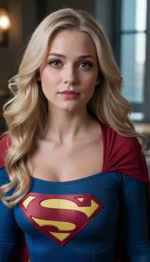 Young, verry attractive Supergirl, long blond hair, full breast, full bust.