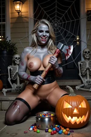 46 year old woman, very beautiful, ((curvaceous)), dressed as a zombie for Halloween with a bloody axe in her hand, grey skin make up, evil grin on her face, big scary lit pumpkin next to her, skeletons in the back ground, a pot of candy by her feet, a big spider's web behind her, on her front porch