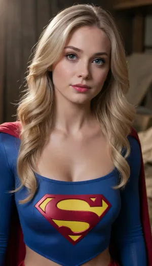 Young, verry attractive Supergirl, long blond hair, full breast, viewed from the waste up.