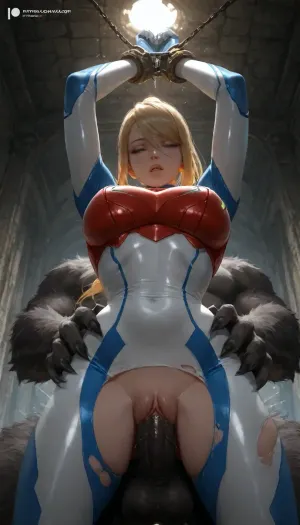 Ultra-realistic, photorealistic, masterpiece, 25 year old Samus Aran from *Metroid* ripped battle torn clothing, ((a large werewolf having sex with her thrusting its hips to plunge its cock into her dripping pussy)), werewolf with a massive huge cock, highly detailed, extreme environment detail, low light, condensation dripping from the ceiling, damaged stone, hands restrained above head, world-class masterpiece, 4k, best quality, cinematic style., art by atey ghailan, painterly anime style, your name anime, masterpiece digital painting, exquisite lighting and composition, inspired by wlop, 8k, sharp, very detailed, high resolution, illustration.