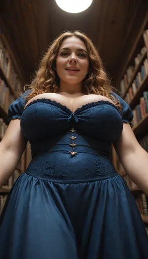 Large 40yo bbw woman, dark blue victorian lady edwardian silked dress, shiny silk texture, in the manor's library, (pov is from below), The dress covering all the way up to the neck, red hair, blue eyes, pale skin, very long curly ginger hair, very large plump body, bumped belly, gigantic breasts, suggestiv open mouth smile