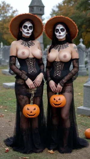 Two girls in scary halloween costumes, (scary Dress, la catrina makeup), showing their huge tits, (sagging tits With extreme wide dark areolas), couple, cemetery, graves, pumpking, bats, <lora:XL-coupleMV2:1.1>, <lora:Halloween Series_ Spooky Cemetery_epoch_5:.9>