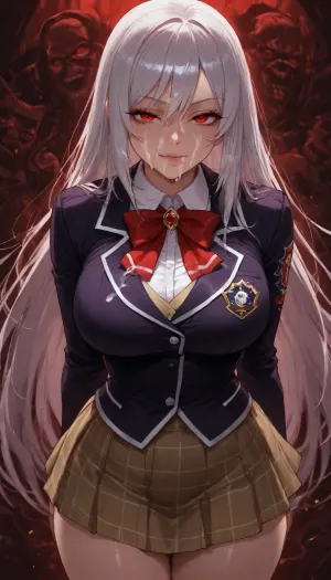 the image is from the hips to the crown, Moka Akashiya from Rosario + Vampire, (vampire mod, silver hair), (((cum on face))), Youkai Academy uniform, disdainful face, evil face, looks with hatred, The beholder looks at her from the bottom to the top