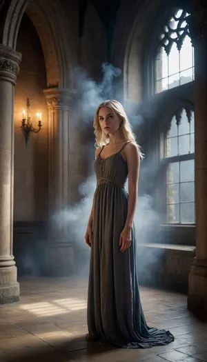 A cinematic medium shot of a young ethereal blonde girl in a simple medieval nightgown, looking anxious inside a dark gothic castle hallway filled with heavy low-lying smoke and fog. In the background, a large ornate gothic arched stone window shows a dark stormy night outside, with a bright streak of lightning splitting the sky. Haunting and eerie atmosphere, volumetric lighting, dark moody color palette, highly detailed.