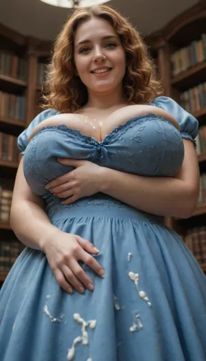 Large 40yo bbw woman, dark-blue victorian lady edwardian silked dress, shiny silk texture, in the manor's library, (pov is from below), (zooming on upper body and head), The dress covering all the way up to the neck, red hair, blue eyes, pale skin, very long curly ginger hair, very large plump body, bumped belly, gigantic breasts, suggestiv open mouth smile, one hand is gropping a boob, other hand on the belly, ((get covered by cum everywhere)), (insane quantity of cum)