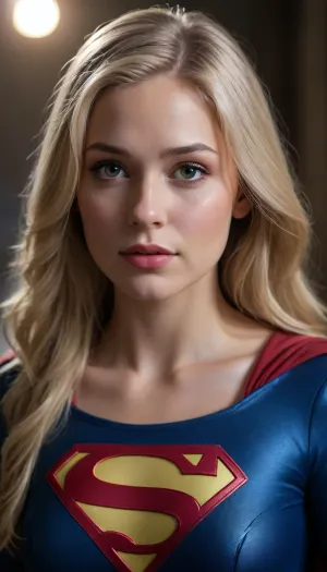 Young, verry attractive Supergirl, long blond hair, full breast, .
