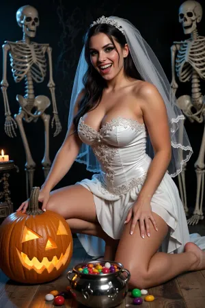 26 year old woman, very beautiful, ((curvaceous)), dressed as a sexy bride of Frankenstein for Halloween, evil grin on her face, big scary lit pumpkin next to her, skeletons in the back ground, a pot of candy by her feet