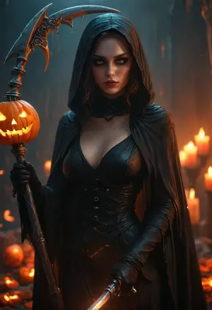 [KTA], (Dark Fantasy Artwork), luminous shadow, close-up, belle adult female, (female Grim Reaper-style:1.7), wearing large reaper-scythe, glowing Helloween pumpkin, burning candles, natural beauty, /KlTTY-ART/, <lora:COMFYUI_mimic_landscape_-_XL_SDXL v2.0:.1>, <lora:MJ52:.1>