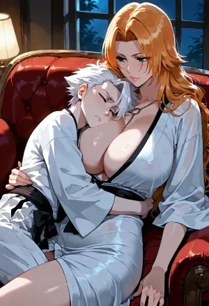 Toshiro Hitsugaya, (Petite male, short white hair, green eyes, pale skin, Bleach), and Rangiku Matsumoto, (Tall female, venus body, giant boobs, purple eyes, long Orange hair, Bleach), cuddling on the couch in an old appartment at night. white robes, couple cuddling, old couch, moonlight, midnight, moody lighting, masterpiece.