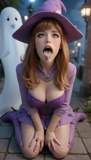 masterpiece, high res, 4k, insane res, detailed features, (Daphne Blake:1.3), 25 year old model, hourglass body shape, big ass, perfect breasts, ((ahegao, mind break, on her knees, fucked in her mouth by a ghost, fellatio, deep throat, cum)), in the park, at night, dimmed street lighting, full moon, (wearing a sexy witch costume in black and purple, a long pointy hat, barely visible corset, tight leather coat with substantial cleavage, spacious skirt, covering hips, slutty fishnets, high boots), pov from above