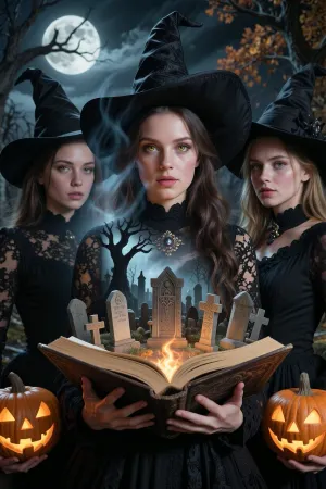 A cinematic medium shot. In the center of the frame are three witches in a secluded, mystical moment.
All three witches have expressive facial features and long hair, they are dressed in black Gothic dresses with high collars and delicate lace on the shoulders, and wear tall, pointed hats. The witch in the center holds a large, open, ancient book of spells in front of her. From its pages, as if in a three-dimensional illusion with a double-exposure effect, a miniature nighttime cemetery “grows”, moss-covered tombstones, crosses, and the silhouettes of two gnarled ancient trees, one of which partially overlaps the fabric of the dress and the lace, creating an effect of fusion. The witches on either side hold glowing jack-o’-lanterns.
Background, a gloomy nighttime landscape beneath a dark, dramatic sky with heavy clouds. A full moon shines brightly in the upper corner, while the tree branches in the background are slightly blurred.
Lighting, An artistic interplay of light and shadow, (chiaroscuro), with high contrast. The scene is illuminated from below by a bright, warm, magical flame emanating from the center of the open book, as well as by the inner glow of the jack-o’-lanterns, this creates deep shadows on the witches’ faces and robes. From above, the cold, pale light of the full moon falls on their hats and shoulders.