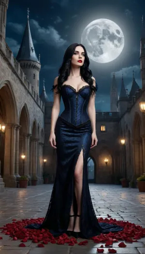 A hyper-realistic, high-fashion cinematic portrait of a beautiful gothic woman with long flowing dark black hair, striking blue eyes, and bold glossy crimson-red lipstick. She has fair porcelain skin, posing gracefully on a stone courtyard floor scattered with red rose petals. She wears an intricate, delicate black lace corset gown and matching high heels. In the background, a massive, imposing medieval gothic castle stands tall under a giant, glowing full moon in a deep dark night sky. Dramatic dark fantasy atmosphere, moody high-contrast lighting, volumetric moonlight rays, ultra-detailed textures, 8k resolution, editorial photography style.