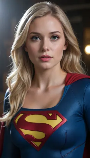 Young, verry attractive Supergirl, long blond hair, full breast, viewed, From the Waist Up.