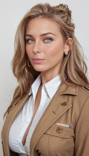ZipRealism, ((29 years old beauty, gorgeous russian girl)), best quality, afterglow, 4k, ((masterpiece)), extremely detailed, 8k, trending on ArtStation, Intricate, High Detail, Sharp focus, curvy, 1girl, ((perfect eyes, fresh face, detailed skin, natural skin texture)), (beautiful face, perfect eyes:1.2), (busty and curvy1.1), (busty hourglass body), ((simple background)), (big breasts:.8), (brown trench coat, white collared shirt, long sleeves), solo_focus, (serious expression, closed mouth), ((lips, pouts)), ((beautiful light brown hair, straight hair, long hair, center-part hairstyle, pale blue eyes, soft pink lips)), lips, (UPPER BODY VIEW), 4ng3l, face, <lora:SDXL_BetterFaces-LoRA_v1:.5>, <lora:add-detail-xl:.5>, <lora:realboobzXL:.7>