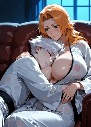 Toshiro Hitsugaya, (Petite male, short white hair, green eyes, pale skin, Bleach), and Rangiku Matsumoto, (Tall female, venus body, giant boobs, purple eyes, long Orange hair, Bleach), cuddling on the couch in an old appartment at night. white robes, couple cuddling, old couch, moonlight, midnight, moody lighting, masterpiece.