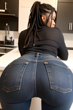 一个穿着黑色紧身衣和高宽牛仔裤的女人 穿着破烂的夹克 正在做美味的饭 她的双腿相距很远, 展现出她疯狂的 详细4k 美国概况图片 和8k更高的定义