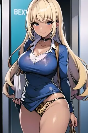 masterpiece, (masterpiece, high quality:1.2), best detail, absurdres, ButaAI 1young adult girl, blonde hair, muscular, leaning, smile, delinquent, gyaru, portrait, Tied shirt, Open clothes, Leopard print, bikini, microskirt, sexy, large breasts, skindentation, OverallDetail, perfect face and body, hotify, prettify, <lora:ButaAI:1>, accidental, exposure, panties, skirt, lift, bag, <lora:accidental_exposure:1>