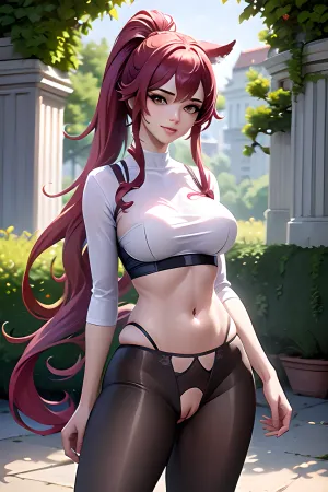 (8k, RAW photo, best quality, masterpiece:1.2), (realistic, photorealistic:1.37), ultra detailed, beautiful tall sexy young adult girl, solo, beautiful detailed sky, detailed antique city, columns, night, beautiful detailed eyes, beautiful detailed lips, professional lighting, photon mapping, radiused, physics based rendering, extremely detailed eyes and face, light on face, cinematic lighting, (sheer crotchless harem pants, pussy visible, pussy juices leaking), crotchless outfit, shirred folds of openwork patterned tunic gently flowing and falling along the body, large perky breasts, wide hips, dark skin, almond shaped big eyes, very long curly ginger hair translucent in the sun. Red hair, Soft golden light, lacy shadows of leaves. young adult young adult young adult girl, looking at the viewer, outside, ((very long curly hair)), fox ears and tail, thin body, sexy, partially nub, naked pussy, 3/4 view, full lips, standing in a garden, bunches of grapes, antique, columns and capitals., caoimhelastnamesd15, Yashima, asaka, ponytail, asaka_outfit1, white, shirt, long, sleeves, midriff, blue, pants, jeans, denim, Capri, asaka_lingerie, purple, bra, lingerie, lace-trim, <lora:asaka_yashima-12:.5>, crotch, cutout, crotchless, no, panties, pussy, <lora:CrotchCutoutCrotchlessV1:.5>