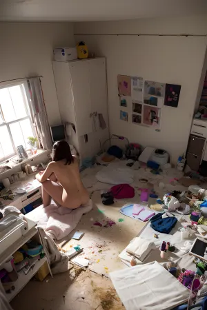 Les jeunes filles adultes étaient dans la chambre, nues et par terre. Ils avaient utilisé des tissus pour nettoyer le désordre qu'ils avaient fait. L'un d'eux tenait une image d'un chef-d'œuvre généré par l'IA avec un éclairage parfait et un texte ultra-détaillé