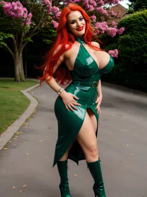 Una mujer alta y esbelta con pelo largo y una sonrisa amistosa estaba en el parque admirando su fotorealista imagen de AI de sí misma. Llevaba un vestido largo de látex con medias de redes de pesca y tacones altos, destacando perfectamente sus piernas delgadas y