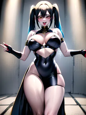 A woman with ahegao eyes and rolling eyes-000014 was caught in a porn video, wearing black dress with gold details, surrounded by men who were taking pictures of her. The text on the picture read "AI generated porn" and