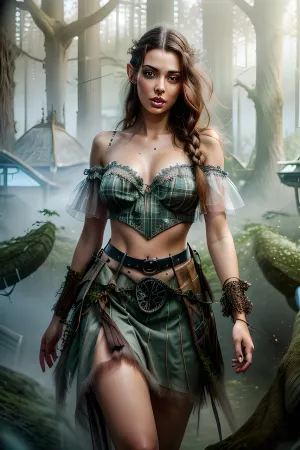 slim full body photograph of a black haired greek goddess persephone, ((persian girl)), (persian face), (hot girl), . steampunk, cyborg, cyber-goth, pixie-punk, She is thin and has breasts. She is fully clothed. Photo, age 20, long hair, bohemian hair style, many braids, detailed pixie hair, (hair in wind), (elaborate style hair), (elaborate brown braid), messy hair, sunset, (colour scheme, prussian blue, grey, tan, brown, silver, white, pink), (mini skirt), (petticoats), (brown and silver plaid skirt), (petticoat skirt), (plaid skirt), (grey cotton crop top), (leather harness), <lora:more_details:.5>, (background of ruined fantasy village covered in treehouse forest:1.7), a sexy fit model, with a toned body and long legs, <lora:natal33:.5>, <lora:NatureMagic-20:1>