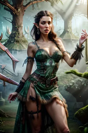 slim full body photograph of a black haired greek goddess persephone, ((persian girl)), (persian face), (hot girl), . steampunk, cyborg, cyber-goth, pixie-punk, She is thin and has breasts. She is fully clothed. Photo, age 20, long hair, bohemian hair style, many braids, detailed pixie hair, (hair in wind), (elaborate style hair), (elaborate brown braid), messy hair, sunset, (colour scheme, prussian blue, grey, tan, brown, silver, white, pink), (mini skirt), (petticoats), (brown and silver plaid skirt), (petticoat skirt), (plaid skirt), (grey cotton crop top), (leather harness), <lora:more_details:.5>, (background of ruined fantasy village covered in treehouse forest:1.7), a sexy fit model, with a toned body and long legs, <lora:natal33:.5>, <lora:NatureMagic-20:1>