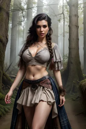 slim full body photograph of a black haired greek goddess persephone, ((persian girl)), (persian face), (hot girl), . steampunk, cyborg, cyber-goth, pixie-punk, She is thin and has breasts. She is fully clothed. Photo, age 20, long hair, bohemian hair style, many braids, detailed pixie hair, (hair in wind), (elaborate style hair), (elaborate brown braid), messy hair, sunset, (colour scheme, prussian blue, grey, tan, brown, silver, white, pink), (mini skirt), (petticoats), (brown and silver plaid skirt), (petticoat skirt), (plaid skirt), (grey cotton crop top), (leather harness), <lora:more_details:.5>, (background of ruined fantasy village covered in treehouse forest:1.7), a sexy fit model, with a toned body and long legs, <lora:natal33:.5>