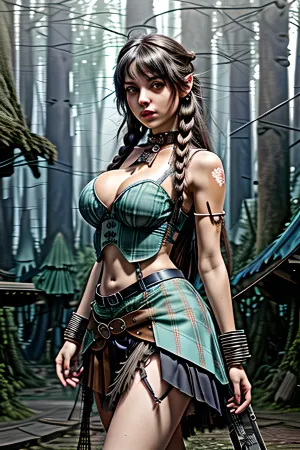 slim full body photograph of a black haired greek goddess persephone, ((persian girl)), (persian face), (hot girl), . steampunk, cyborg, cyber-goth, pixie-punk, She is thin and has breasts. She is fully clothed. Photo, age 20, long hair, bohemian hair style, many braids, detailed pixie hair, bangs hair, messy hair, sunset, (colour scheme, prussian blue, grey, tan, brown, silver, white, pink), (mini skirt), (petticoats), (brown and silver plaid skirt), (petticoat skirt), (plaid skirt), (grey cotton crop top), (leather harness), <lora:more_details:.5>, (background of ruined fantasy village covered in treehouse forest:1.7), a sexy fit model, with a toned body and long legs, <lora:natal33:.5>, (fabio cembranelli, faded colors, hd, 8k, art styles, highly detailed, digital painting, arts station, concept art, illustrated, tim burton, Quilting Art, Vivacious, Albert Lynch, Carne Griffiths, Jeremy Mann, Alberto Seveso, Brian Froud, Alice Pasquini, intense colors, realism)