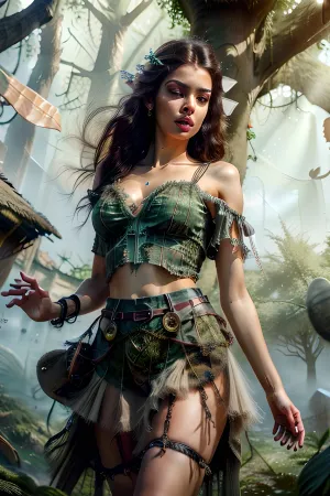 slim full body photograph of a black haired greek goddess persephone, ((persian girl)), (persian face), (hot girl), . steampunk, cyborg, cyber-goth, pixie-punk, She is thin and has breasts. She is fully clothed. Photo, age 20, long hair, bohemian hair style, many braids, detailed pixie hair, (hair in wind), (elaborate style hair), (elaborate brown braid), messy hair, sunset, (colour scheme, prussian blue, grey, tan, brown, silver, white, pink), (mini skirt), (petticoats), (brown and silver plaid skirt), (petticoat skirt), (plaid skirt), (grey cotton crop top), (leather harness), <lora:more_details:.5>, (background of ruined fantasy village covered in treehouse forest:1.7), a sexy fit model, with a toned body and long legs, <lora:natal33:.5>, <lora:NatureMagic-20:1>, (((from below))), foreening, (seductive pose), looking at viewer, mad, (eye contact), <lora:povFacesitting:.8>