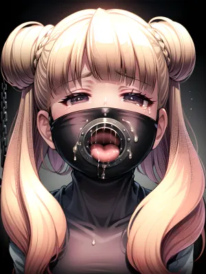 女人的完美照明照亮了房间 当她坐在地板上, 她最好的杰作挂在墙上。 她巨大的胸部是完美的,她的长发流到臀部. 她嘴里塞了个口环