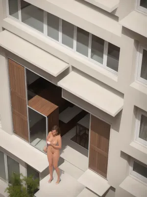 Un voyeur mira a una mujer en su dormitorio a través de una cámara de estilo paparazzi de lente larga, capturando cada detalle de su cuerpo desnudo