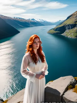 woman, man, fjord on background, sheer coast, athletic viking male, bright ginger beard and hair, freckled pale skin, very many freckles on face and hands