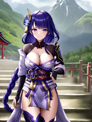 Raidenshundef, an ultra-detailed AI model, created a stunning view of herself in front of the temple with her ultra-detailed body and smiling face